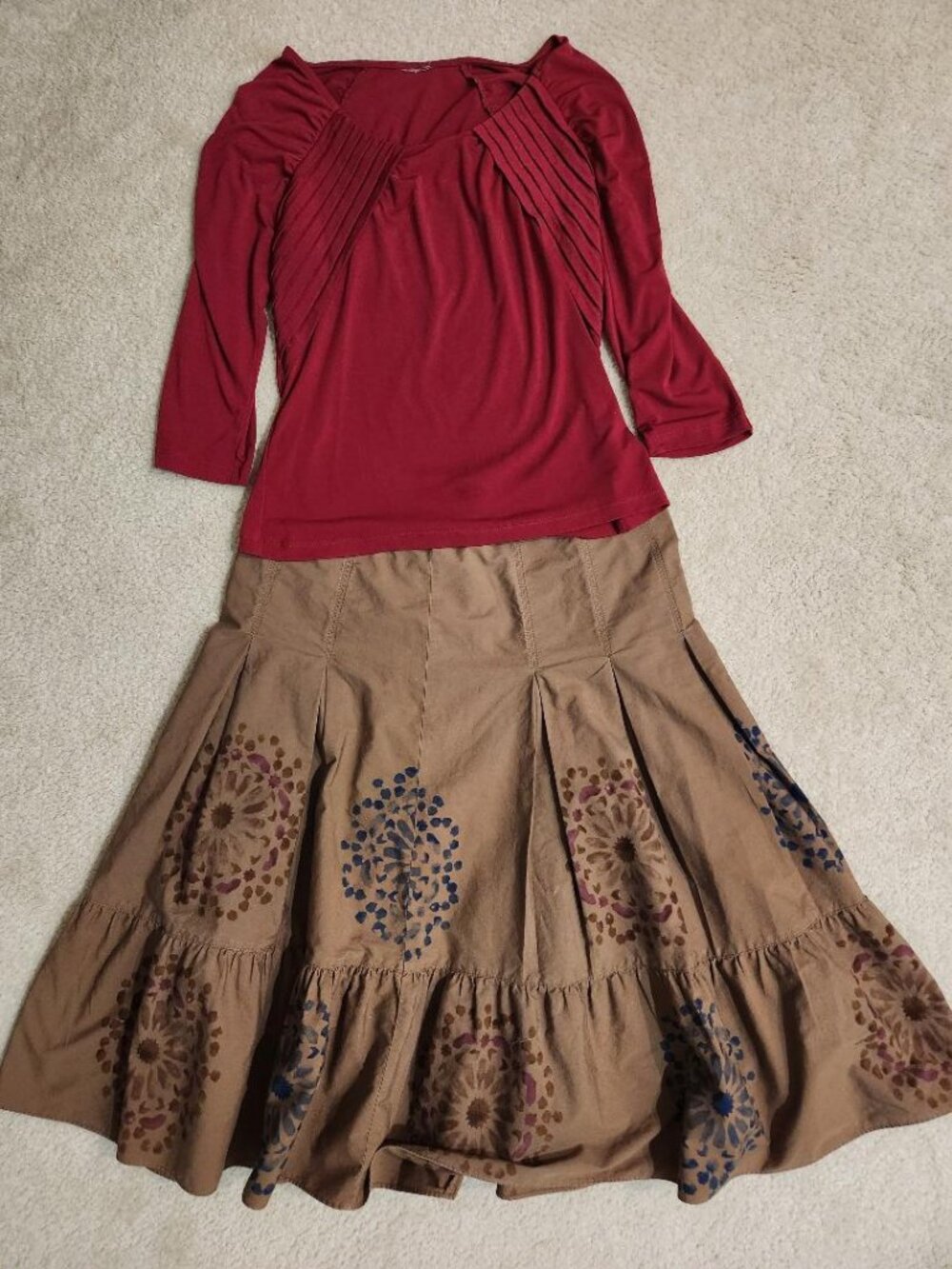 Womens Ruby Red Top and Printed Skirt